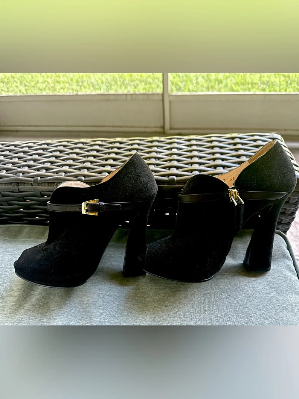 Giorgio Armani Black Suede Peep-Toe Ankle Booties with Gold Buckle Size 35